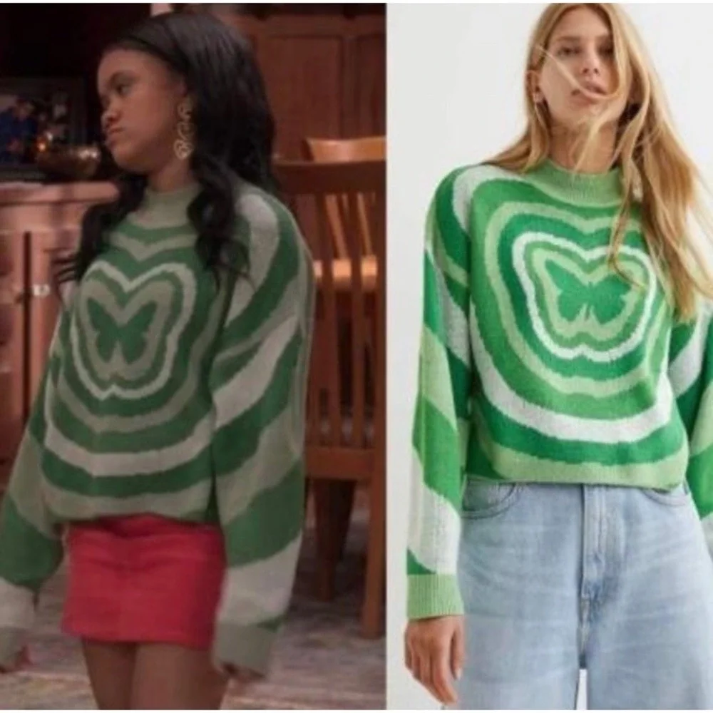 DIVIDED H&M Sweater Women Sz XS Green White Butterfly Cropped Boxy Knit Pullover